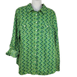 Talbots Shirt Size 14 Button Up Roll Tab Long Sleeves Equestrian Horse Green